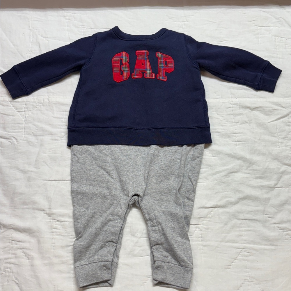 Baby Gap Navy Blue &‎ Gray Plaid Logo Toddler Jumpsuit One-Piece